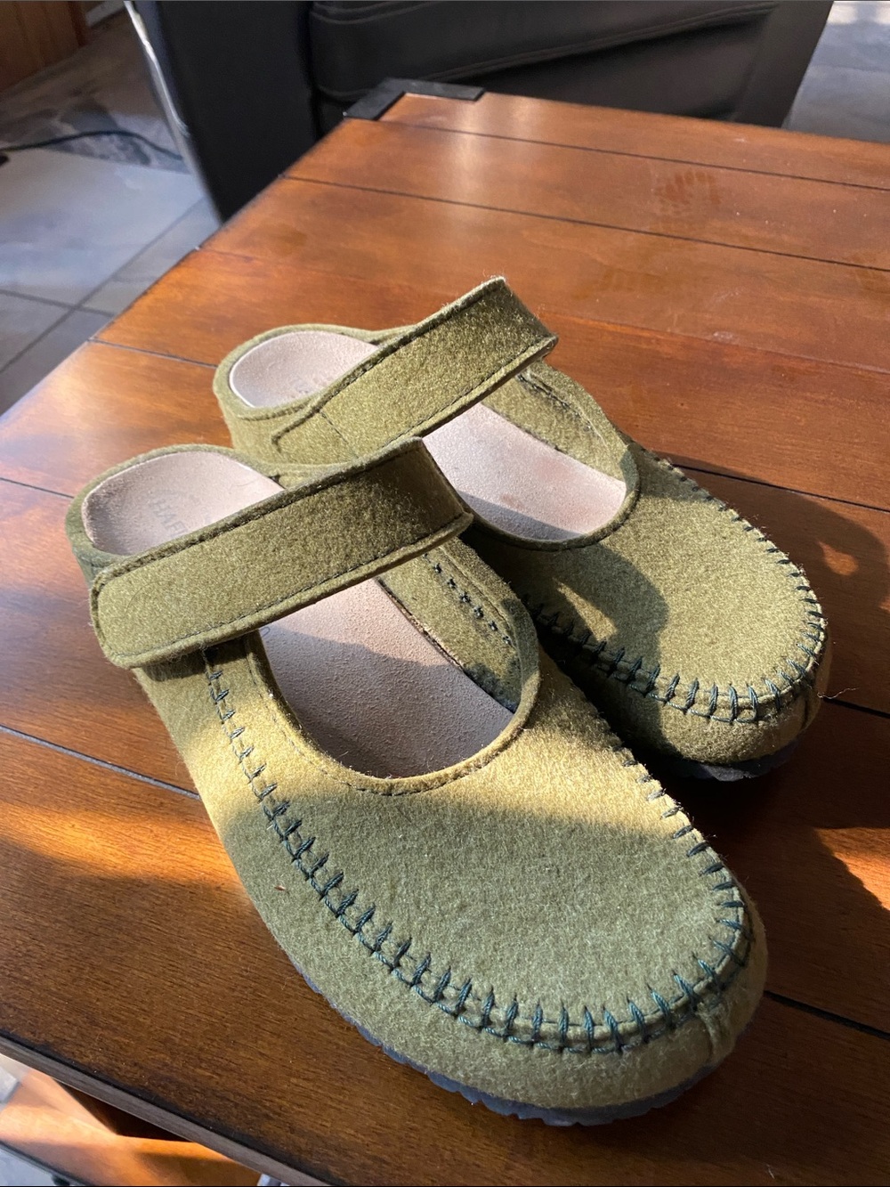 HAFLINGER Thick Boiled Wool Green Slides Cork/Leather Insole Size 40 (9.5)
